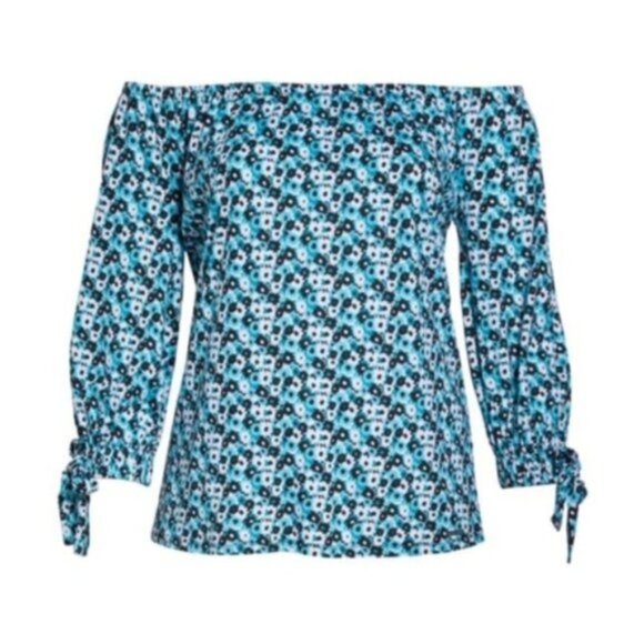 Michael Kors Womens Blue White Floral Off the Shoulder Top Plus Sz 0X New - Picture 7 of 12